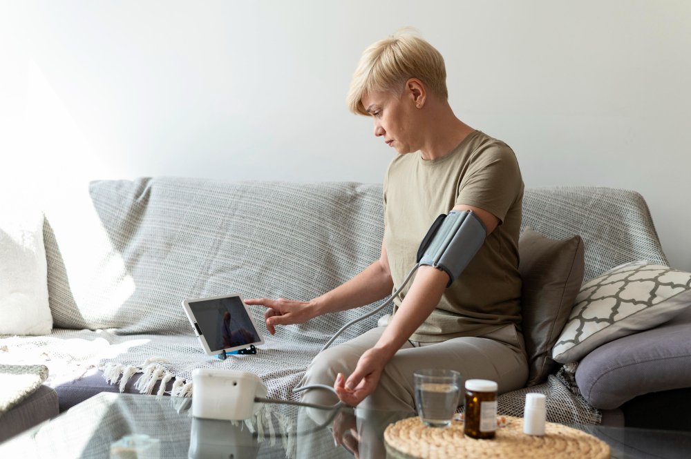 A girl checking blood pressure on an automatic blood pressure monitor