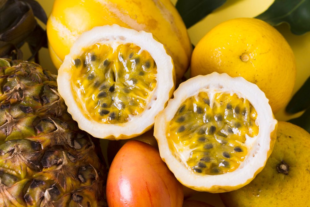 Passion fruit cut in half with both halves visible