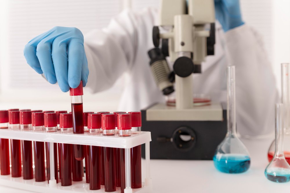 A pathologist organizing blood sample vials